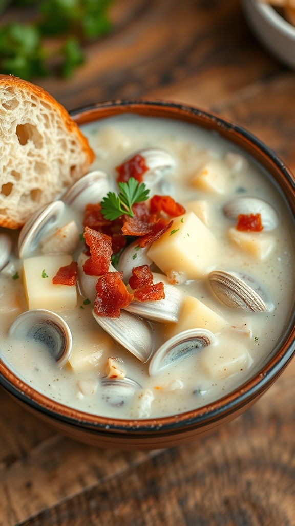 A bowl of creamy clam chowder with clams, potatoes, bacon, and parsley, served with bread on a wooden table.